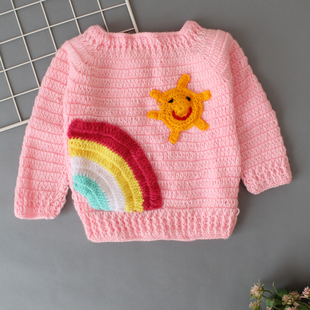 Light Pink Sweater With Sun And Rainbow Emboidery